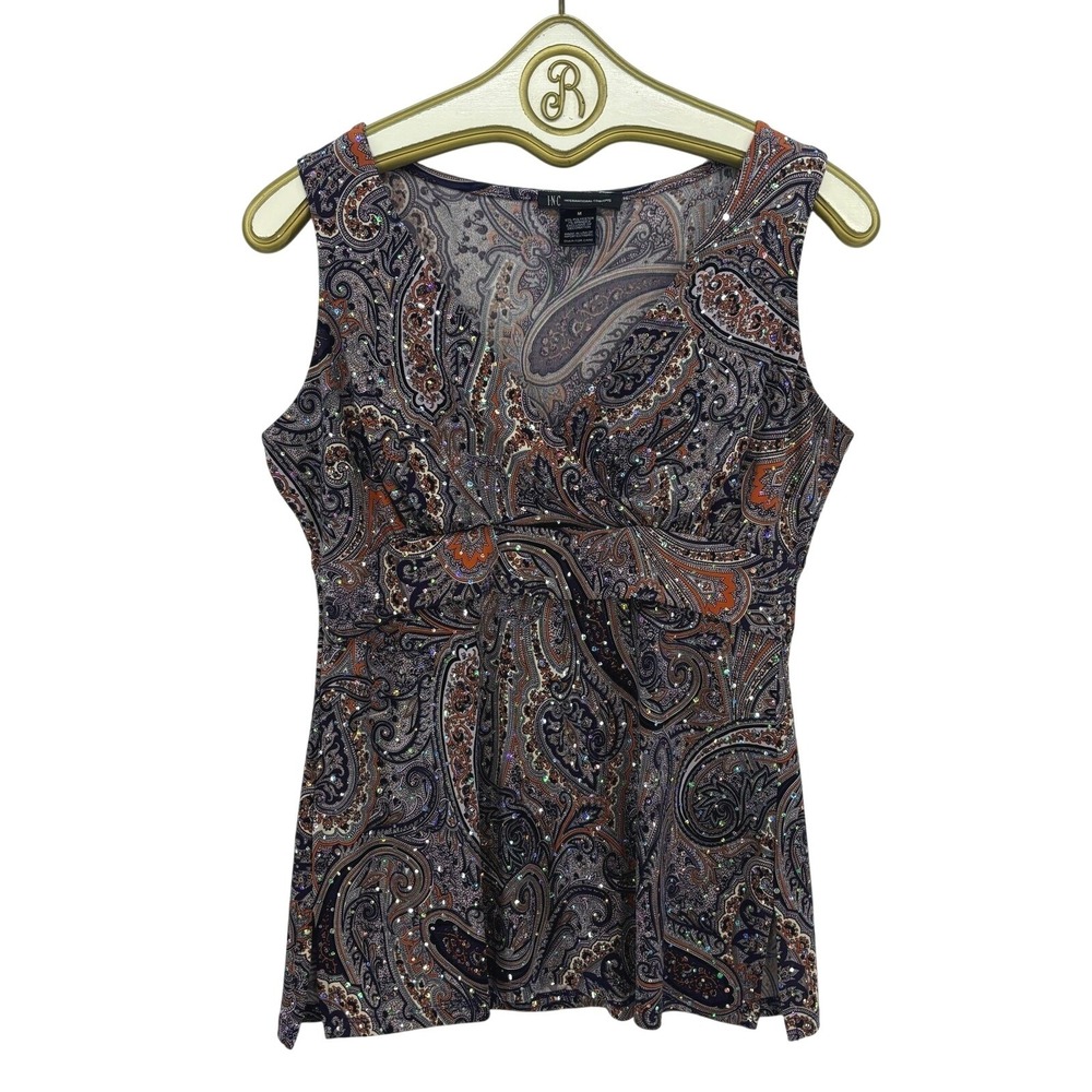 y2k Paisley Sleeveless Top Women MEDIUM Purple Orange Rhinestone Boho Festival